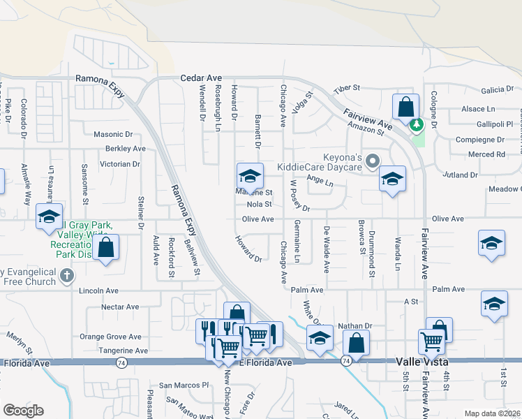 map of restaurants, bars, coffee shops, grocery stores, and more near 43362 Nola Street in Hemet