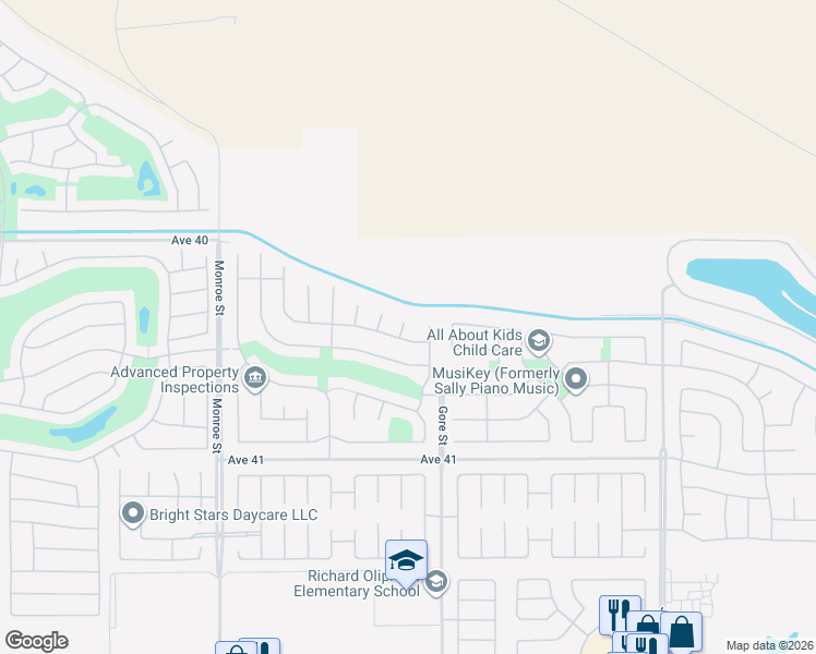 map of restaurants, bars, coffee shops, grocery stores, and more near 40432 Monza Court in Indio
