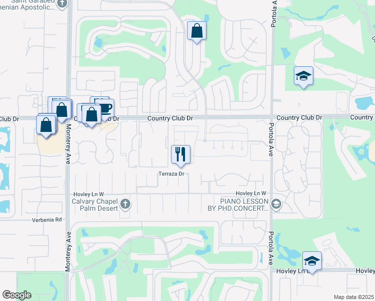 map of restaurants, bars, coffee shops, grocery stores, and more near 2 Palm Desert Drive North in Palm Desert