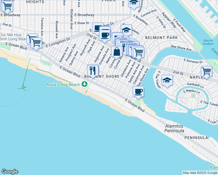 map of restaurants, bars, coffee shops, grocery stores, and more near 5267 East Ocean Boulevard in Long Beach