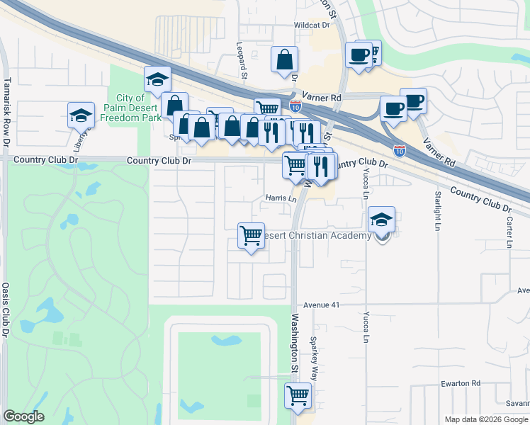 map of restaurants, bars, coffee shops, grocery stores, and more near 40-215 Harris Lane in Palm Desert