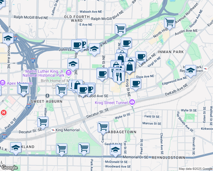 map of restaurants, bars, coffee shops, grocery stores, and more near 609 Old Wheat Street Northeast in Atlanta