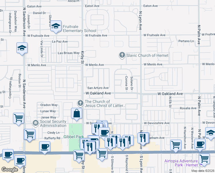 map of restaurants, bars, coffee shops, grocery stores, and more near 533 San Rogelio Street in Hemet