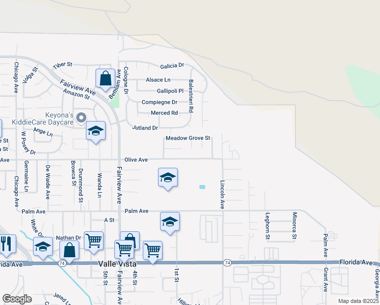 map of restaurants, bars, coffee shops, grocery stores, and more near 25181 Avocet Circle in Hemet