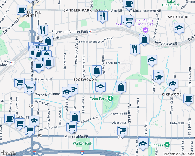 map of restaurants, bars, coffee shops, grocery stores, and more near 75 Mayson Avenue Northeast in Atlanta