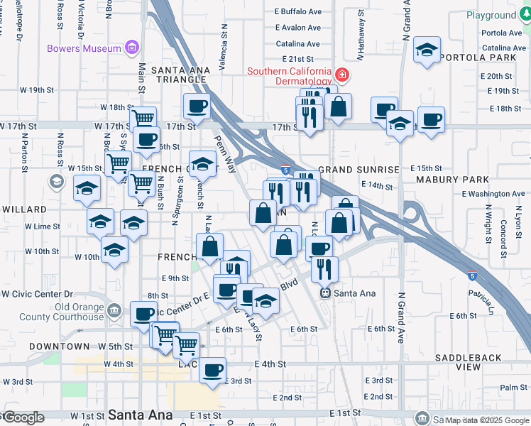 map of restaurants, bars, coffee shops, grocery stores, and more near 1300 North Santiago Street in Santa Ana