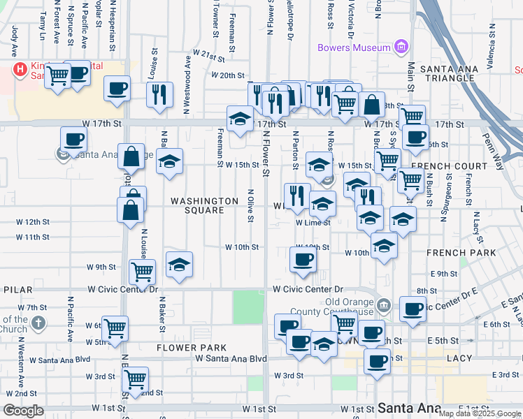 map of restaurants, bars, coffee shops, grocery stores, and more near 1306 North Olive Street in Santa Ana