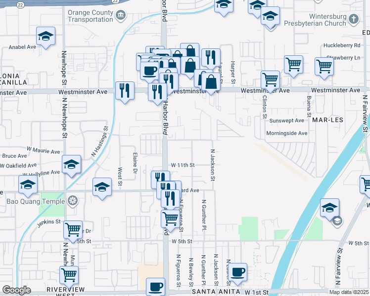 map of restaurants, bars, coffee shops, grocery stores, and more near 1222 North Bewley Street in Santa Ana