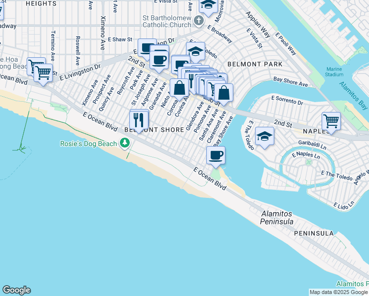 map of restaurants, bars, coffee shops, grocery stores, and more near 70 Pomona Avenue in Long Beach