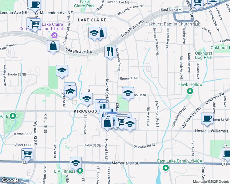 map of restaurants, bars, coffee shops, grocery stores, and more near 138 Kirkwood Road Northeast in Atlanta