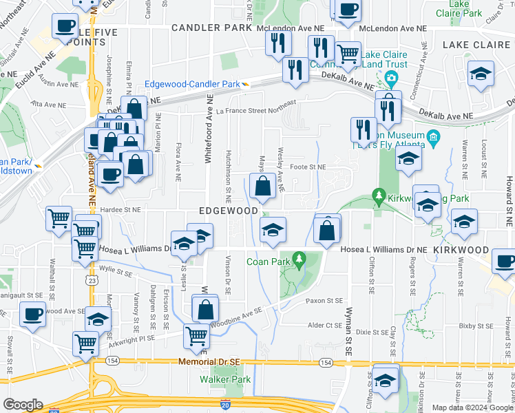 map of restaurants, bars, coffee shops, grocery stores, and more near 90 Mayson Avenue Northeast in Atlanta