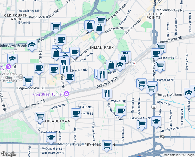 map of restaurants, bars, coffee shops, grocery stores, and more near 886 Edgewood Avenue Northeast in Atlanta