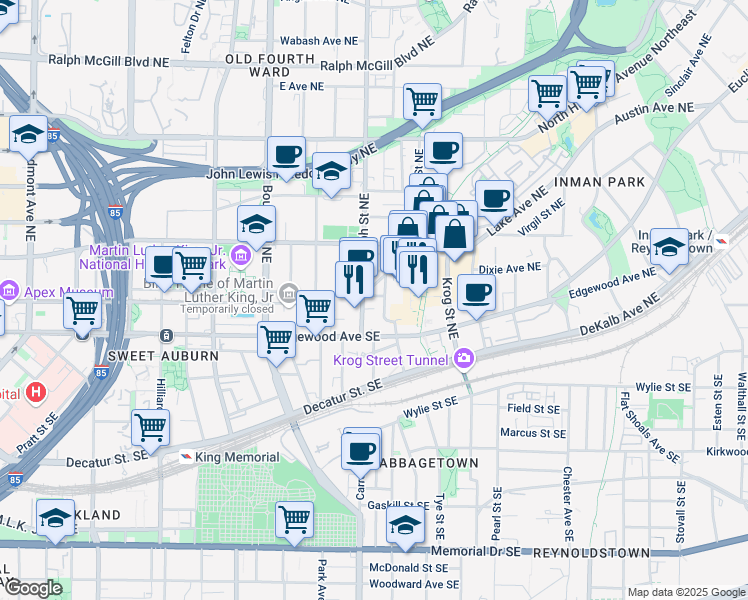 map of restaurants, bars, coffee shops, grocery stores, and more near 609 Old Wheat Street Northeast in Atlanta