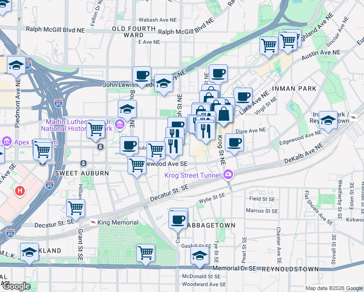 map of restaurants, bars, coffee shops, grocery stores, and more near 603 Auburn Avenue Northeast in Atlanta