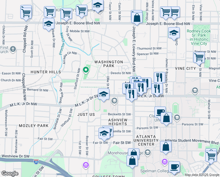 map of restaurants, bars, coffee shops, grocery stores, and more near 1027 Harwell Street Northwest in Atlanta