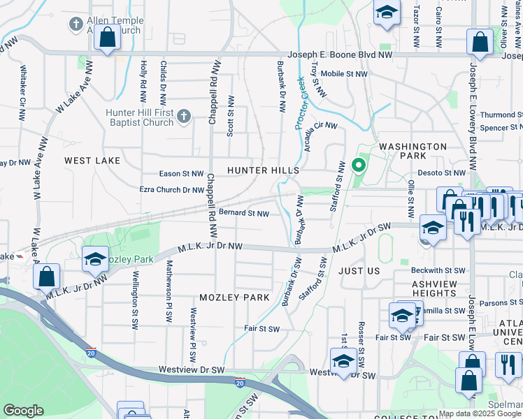 map of restaurants, bars, coffee shops, grocery stores, and more near 1317 Bernard Street Northwest in Atlanta