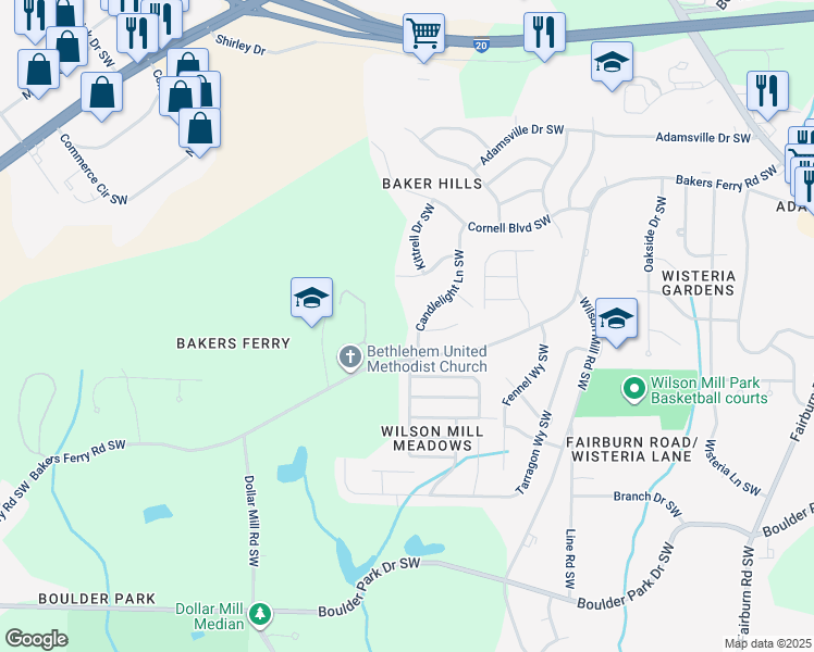 map of restaurants, bars, coffee shops, grocery stores, and more near 48 Candlelight Lane Southwest in Atlanta