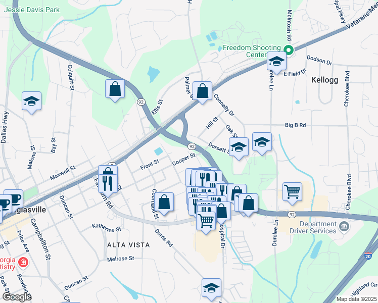 map of restaurants, bars, coffee shops, grocery stores, and more near 6155 Cooper Street in Douglasville