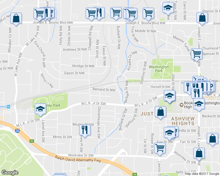 map of restaurants, bars, coffee shops, grocery stores, and more near 1317 Bernard Street Northwest in Atlanta