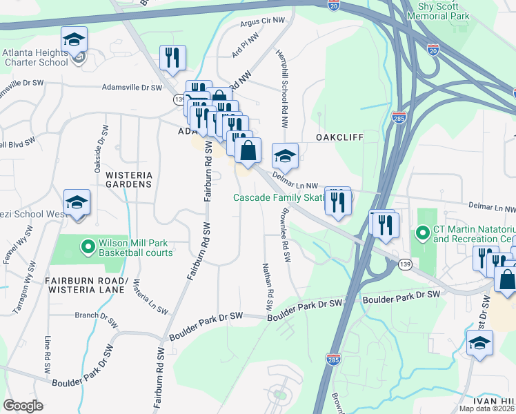 map of restaurants, bars, coffee shops, grocery stores, and more near 59 Nathan Road Southwest in Atlanta