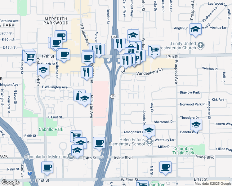map of restaurants, bars, coffee shops, grocery stores, and more near 14281 Yorba Street in Tustin