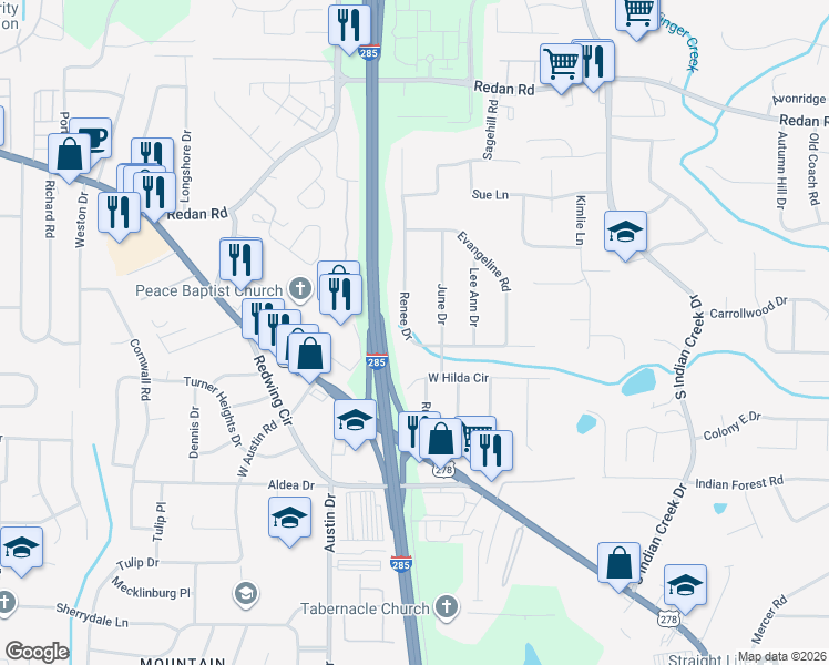 map of restaurants, bars, coffee shops, grocery stores, and more near 1302 Renee Drive in Decatur