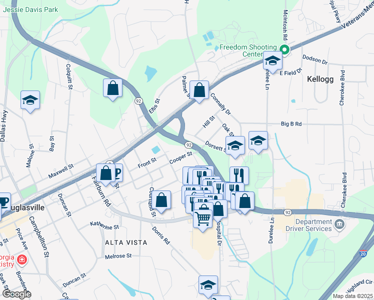map of restaurants, bars, coffee shops, grocery stores, and more near 6155 Cooper Street in Douglasville