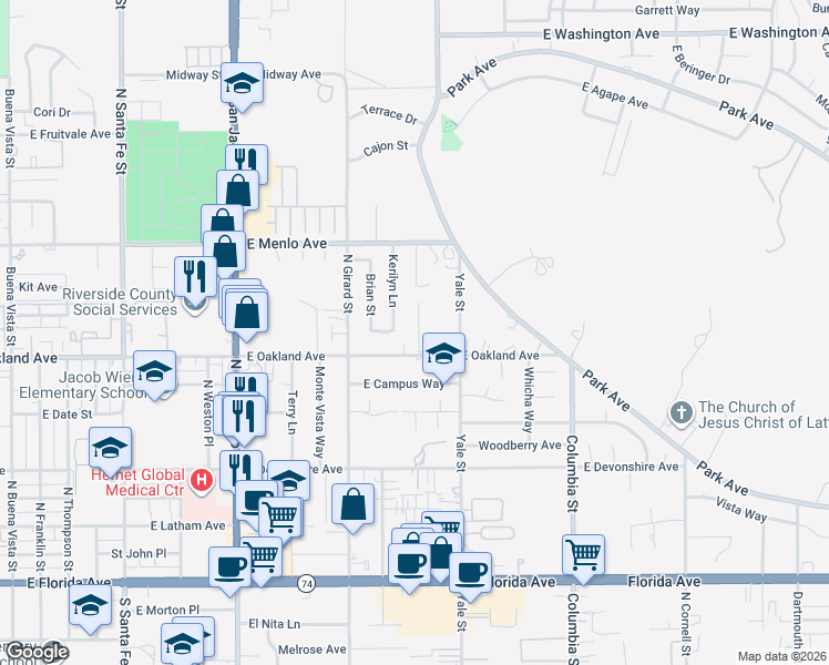 map of restaurants, bars, coffee shops, grocery stores, and more near 511 Lavina Court in Hemet
