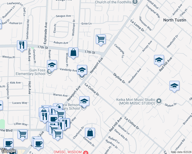 map of restaurants, bars, coffee shops, grocery stores, and more near 1061 Regis Way in Tustin