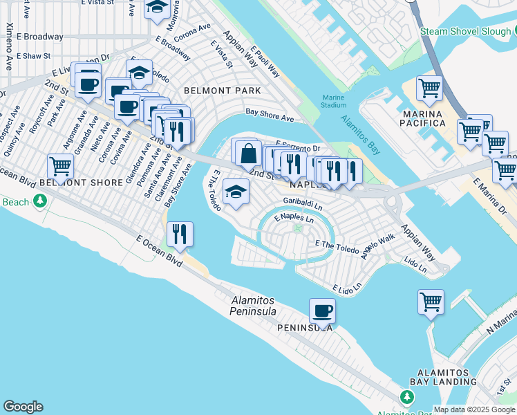 map of restaurants, bars, coffee shops, grocery stores, and more near 5580 East Saint Irmo Walk in Long Beach