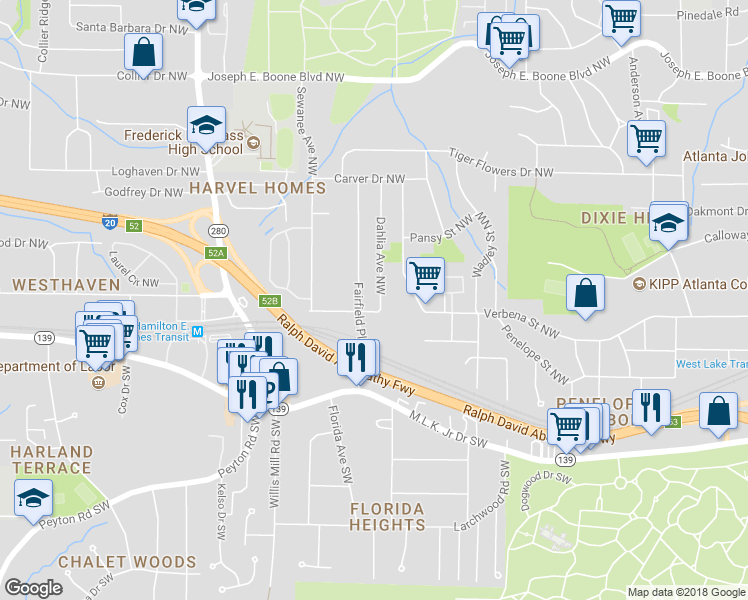 map of restaurants, bars, coffee shops, grocery stores, and more near 102 Dahlia Avenue Northwest in Atlanta