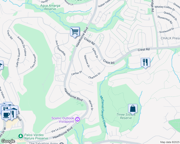map of restaurants, bars, coffee shops, grocery stores, and more near 30221 Matisse Drive in Rancho Palos Verdes