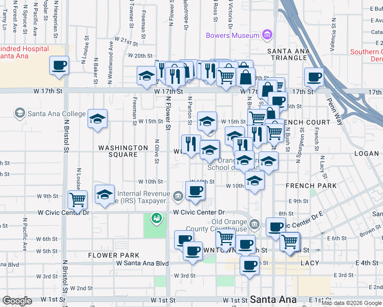 map of restaurants, bars, coffee shops, grocery stores, and more near 620 West Washington Avenue in Santa Ana