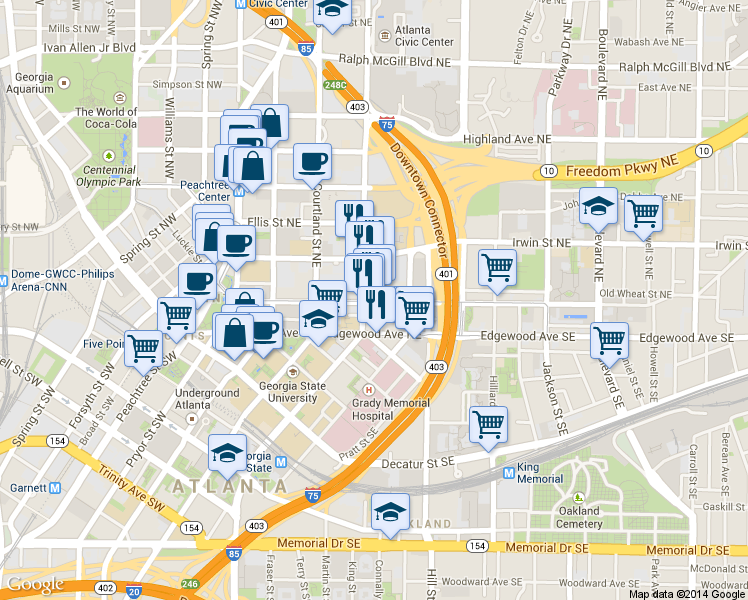 map of restaurants, bars, coffee shops, grocery stores, and more near 180 Auburn Avenue Northeast in Atlanta