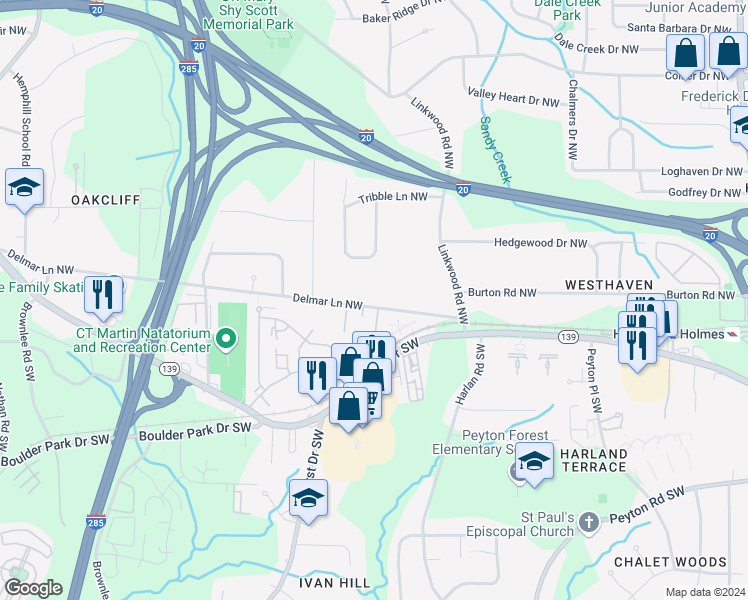 map of restaurants, bars, coffee shops, grocery stores, and more near 3017 Delmar Lane Northwest in Atlanta