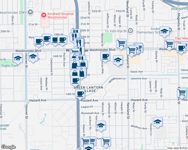 map of restaurants, bars, coffee shops, grocery stores, and more near 8141 13th Street in Westminster