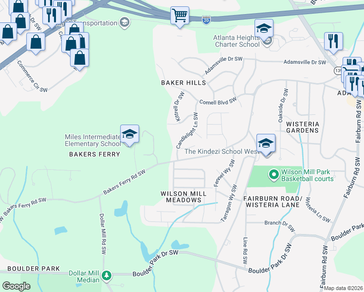 map of restaurants, bars, coffee shops, grocery stores, and more near 4175 Renfrew Court Southwest in Atlanta