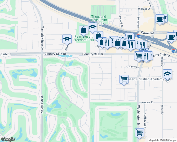 map of restaurants, bars, coffee shops, grocery stores, and more near 40361 Preston Trail in Palm Desert