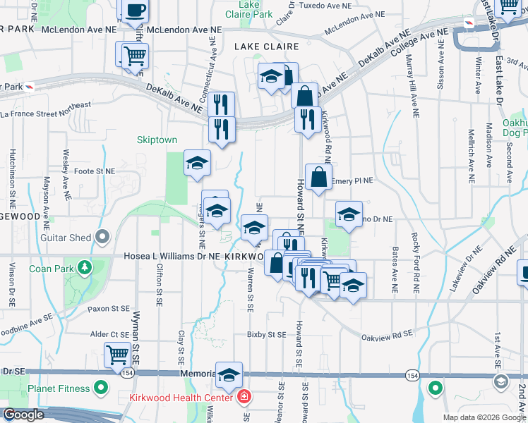 map of restaurants, bars, coffee shops, grocery stores, and more near 121 Warren Street Northeast in Atlanta