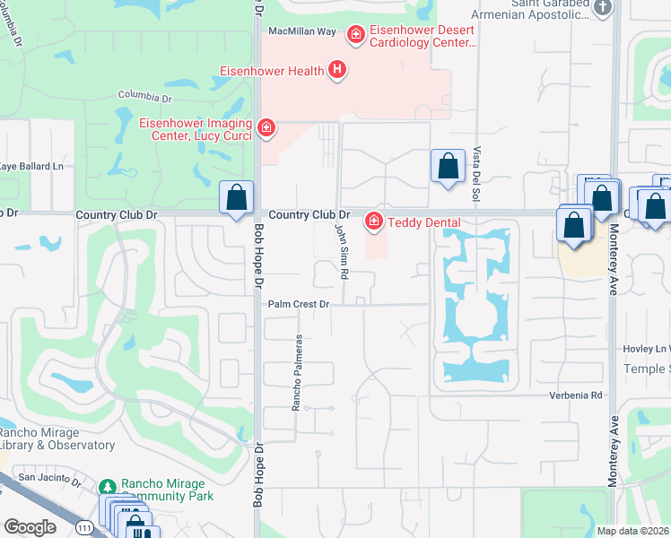 map of restaurants, bars, coffee shops, grocery stores, and more near Dominion Court in Rancho Mirage