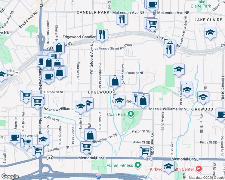 map of restaurants, bars, coffee shops, grocery stores, and more near 76 Mayson Avenue Northeast in Atlanta