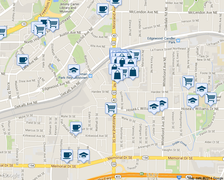 map of restaurants, bars, coffee shops, grocery stores, and more near 1161 Wade Street Northeast in Atlanta