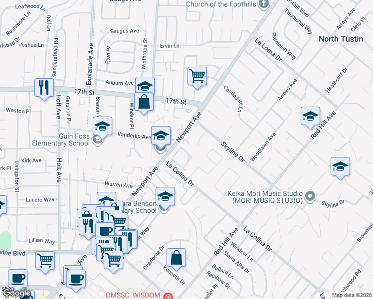 map of restaurants, bars, coffee shops, grocery stores, and more near 1061 Regis Way in Tustin