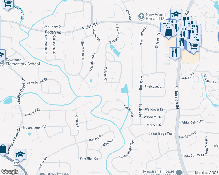 map of restaurants, bars, coffee shops, grocery stores, and more near 1289 To Lani Court in Stone Mountain
