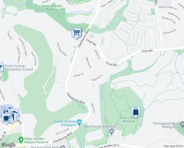 map of restaurants, bars, coffee shops, grocery stores, and more near 30221 Matisse Drive in Rancho Palos Verdes