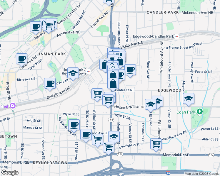 map of restaurants, bars, coffee shops, grocery stores, and more near 78 Moreland Avenue Northeast in Atlanta