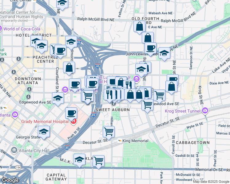 map of restaurants, bars, coffee shops, grocery stores, and more near 56 Hilliard Street Northeast in Atlanta