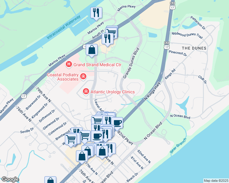 map of restaurants, bars, coffee shops, grocery stores, and more near 8171 Sandlapper Way in Myrtle Beach