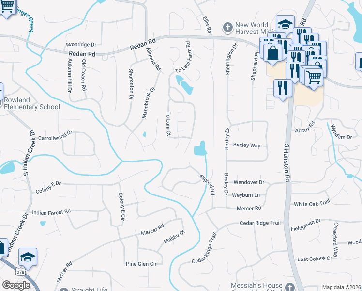 map of restaurants, bars, coffee shops, grocery stores, and more near 1289 To Lani Court in Stone Mountain