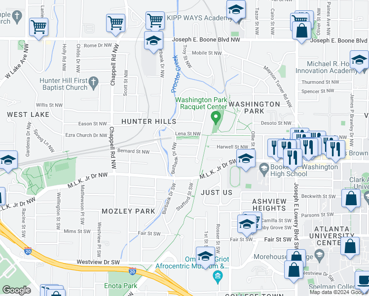 map of restaurants, bars, coffee shops, grocery stores, and more near 1220 Gardenia Street Northwest in Atlanta